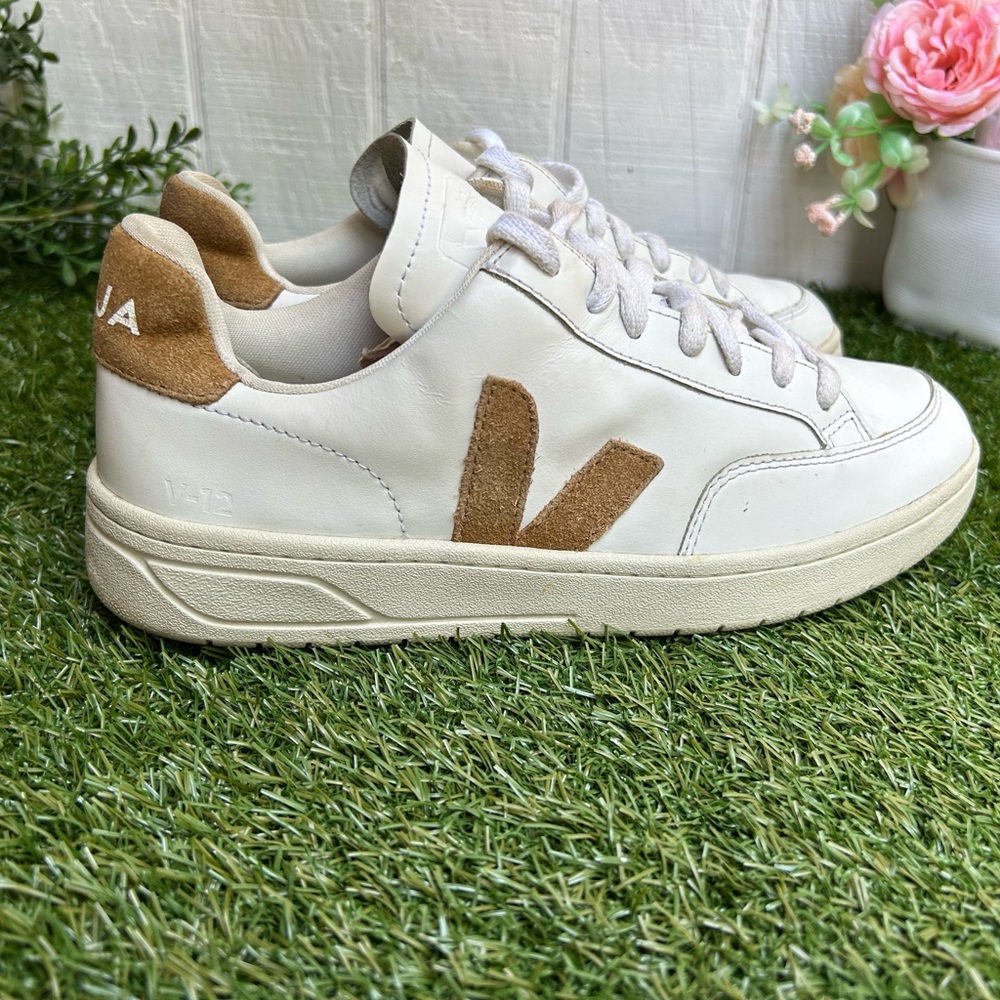 VEJA V 90 SNEAKERS IN WHITE AND CAMEL LEATHER women size 8 - Picture 6 of 16
